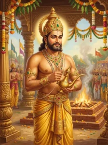 King Bali stands serenely in his royal sacrificial enclosure, holding a golden ritual water vessel in offering.