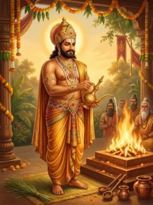 King Bali stands serenely beside a sacred fire altar, tilting a golden water vessel to make a solemn vow of charity.