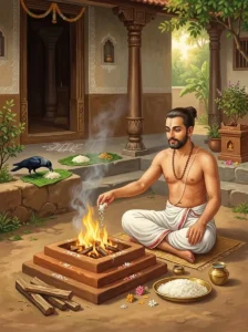 A Hindu householder sits beside the sacred domestic hearth fire performing the Balivaiśvadeva rite