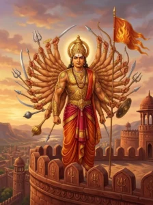 Bāṇāsura stands proudly on the ramparts of Śoṇitapura with his thousand arms holding diverse weapons under a twilight sky.
