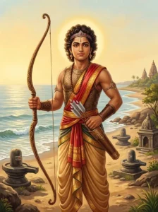Barbarika stands proudly with his three sacred arrows on the wind-swept shore of Guptakshetra.