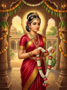 Queen Bhadra stands gracefully in a royal pavilion holding a jasmine and lotus garland with a devoted expression.
