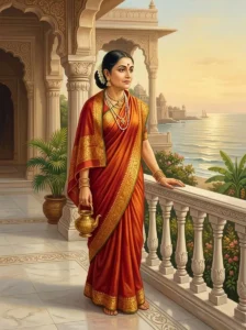 Bhadra, wife of Vasudeva, stands gracefully holding a brass vessel of holy water near a stone balustrade.
