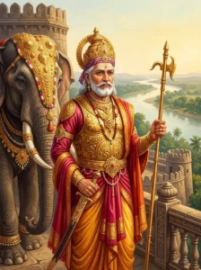 King Bhagadatta stands beside his war-elephant Supratīka, holding a golden goad and sword.