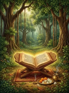 An open manuscript of the Śrīmad Bhāgavata Purāṇa glowing in Naimishāraṇya forest.