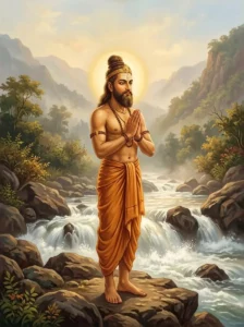 King Bhagīratha stands in prayer on a rocky riverbank, performing austerity to bring the Ganges down to earth.