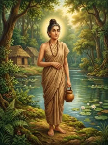 Bhaṅgāsvana depicted as a dignified ascetic woman standing in quiet reflection by a tranquil forest lake.