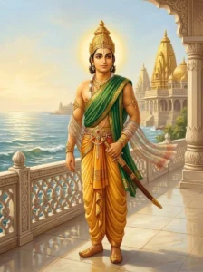 Yadava prince Bhānu stands as a noble warrior on a terrace in Dvaraka overlooking the sea.