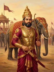 King Bhānumanta of Kalinga stands poised in royal battle dress with a sword and composite bow.