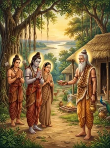 Sage Bharadvaja welcomes Rāma, Sītā, and Lakshmaṇa to his hermitage with an arghya offering.