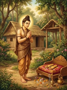 Bharata stands in ascetic bark garments with hands in anjali mudra before the golden sandals of Rāma.