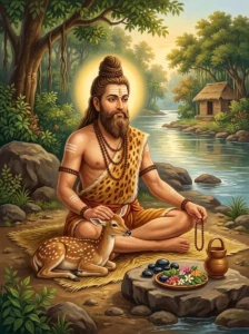 Bharata Cakravartī seated as an ascetic hermit with a fawn by a river, holding rudraksha beads.