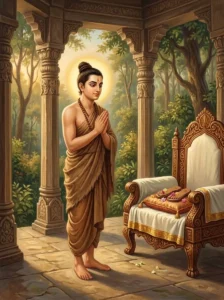 Bharata stands with joined palms in anjali mudra beside the wooden throne of Rāma holding his sacred sandals in Ayodhyā.