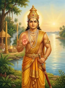 Emperor Bharata displays the wheel mark on his palm, standing by a sacrificial altar near a calm river.