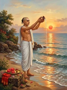 A learned brahmana devotee performing the morning Sūrya puja to Bhattaditya at the river confluence