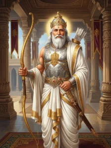 Bhīshma stands in dignified warrior attire, holding a golden bow inside the Hastināpura hall.