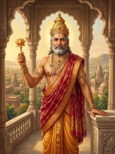King Bhishmaka stands in a calm pose with a golden sceptre, overlooking Kundinapura from a stone palace.