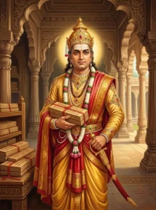 King Bhoja Raja of the Agni-vamsha dynasty holding Sanskrit palm-leaf manuscripts and a royal sword.