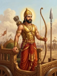 Bhūri stands on his war chariot in ornate battle armor, holding a polished bow while surveying the Kaurava front lines.
