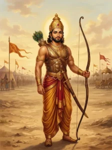 Prince Bhuri in golden armor holding a recurve bow before Kaurava standards in the Mahābhārata epic.