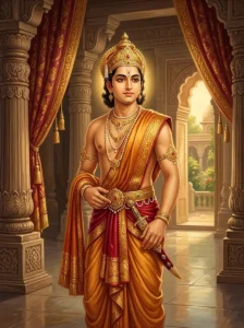 Prince Bhūridyumna stands in a regal hall dressed in fine silk and gold jewelry with a ceremonial dagger.