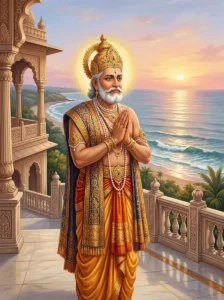 King Bhūrikīrti stands on a palatial seaside terrace at dawn, holding his hands in a gesture of devotional respect.