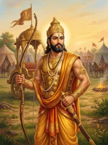 Portrait of Bhūriśravas in golden armor and saffron silk with a sacred thread, standing before his war chariot.