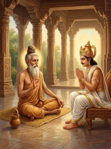 Sage Bodhya teaches the path of detachment to King Janaka on a woven grass mat in a stone hall.
