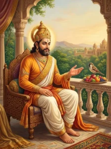 King Brahmadatta of Kāmpilya sits thoughtfully on a palace terrace, gently gesturing toward a sparrow.