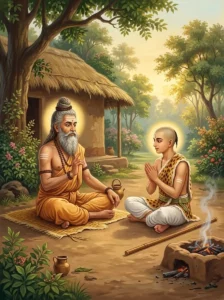 A young Vedic student recites sacred texts before his guru in an āśrama courtyard, as described in the Vishṇu Dharmottara.