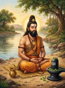 King Brahmadatta sits in meditation on the Sabarmati riverbank beside a Śiva liṅga.