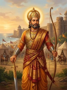 King Brahmadhatta in battle dress stands resolutely with his sword and bow during the late afternoon.
