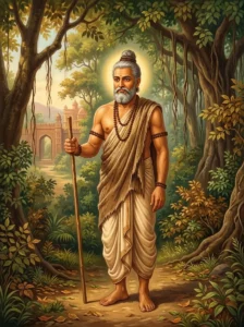 King Bṛhadaśva stands at the woodland threshold, renouncing his royal realm for the forest stage of life.
