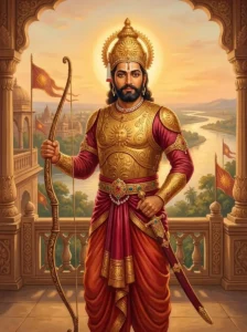 King Brihadbala of Kosala in golden armor and red silk holding a composite bow at dawn.