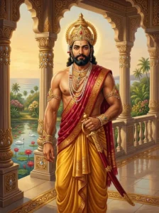 King Bṛhadratha of Siṃhala stands in royal attire upon a gold and crystal palace pavilion overlooking the ocean.