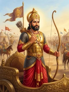 King Bṛhatkshatra of the Kekayas stands ready on his chariot as a Pāṇḍava commander in the Kurukshetra war.