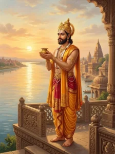 King Cakrapāṇi of Gandakī-nagara offers water to the morning sun in his kingdom.