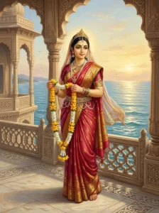 Princess Campikā holding a svayamvara garland on a marble terrace overlooking the ocean.