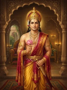 King Cāndraṅgada of Mālava stands serenely in his royal palace adorned in ancient monarch garments.