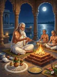 An elderly Hindu householder performs the Candrasahasra Vrata rite before a sacred homa fire and ritual lunar maṇḍala