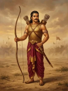 Candrasena stands resolutely on the Kurukshetra battlefield holding a recurve bow.