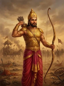 Candrasena the Kaurava stands in armor with a bow on the dusty Kurukshetra battlefield.