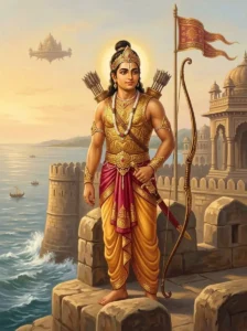 Yadava prince Charudeshna stands poised with a bow on the battlements of Dvaraka.