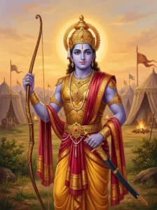 Cedi Yuvarāja stands in ornate armor holding a longbow and sword against a twilight sky.