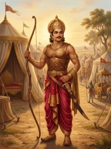 Yadava prince and warrior Chekitana stands poised with a bow and sword outside a military pavilion in the early morning camp.