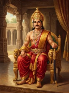 King Citra of Drāviḍa sits majestically on a golden lion throne in his royal assembly hall.
