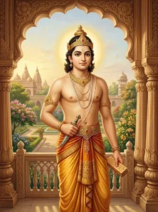Prince Citraketu stands under a palace arch holding a Vedic manuscript and dagger, in a serene three-quarter portrait.