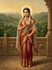 Princess Citrāṅgadā of Maṇipūra stands confidently with a sword, embodying the royal warrior mother from the Purāṇas.
