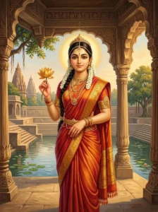 Citrāṅgadā, daughter of Viśvakarmā, holds a golden lotus in a sunlit stone pavilion at Hatakeshvara.