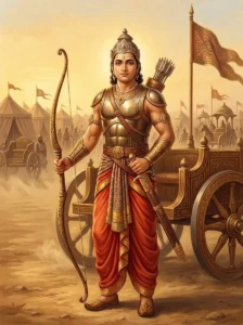 Citraratha stands composed before his war chariot, holding a composite bow and resting his hand on his sword.